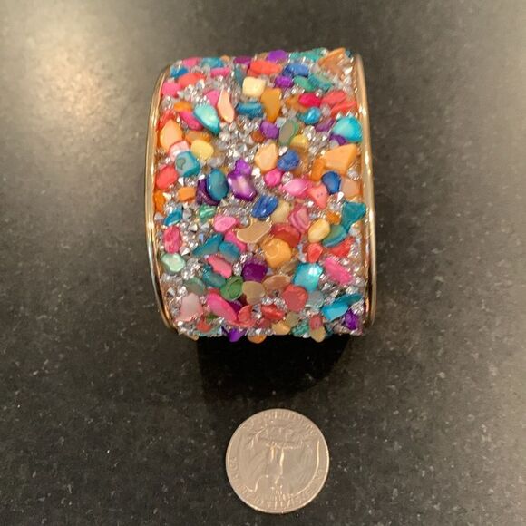 18k Gold Plate Rainbow Sprinkles Gemstone Cuff Multicolor Wide Bangle Bracelet - Picture 8 of 9